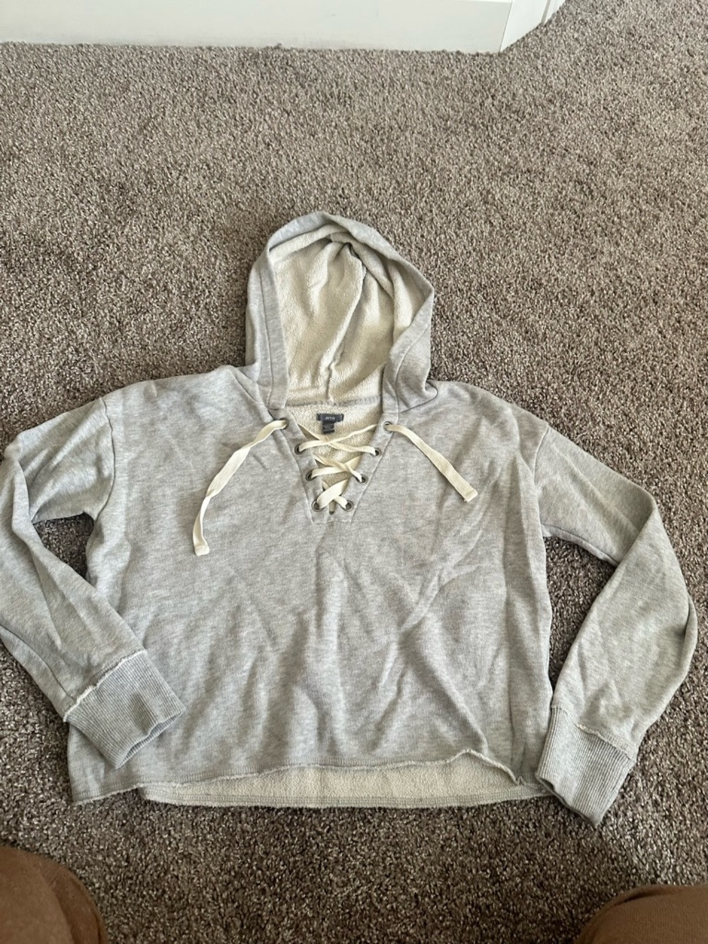 Cozy Lace-Up Hooded Pullover Sweatshirt - Light Gray